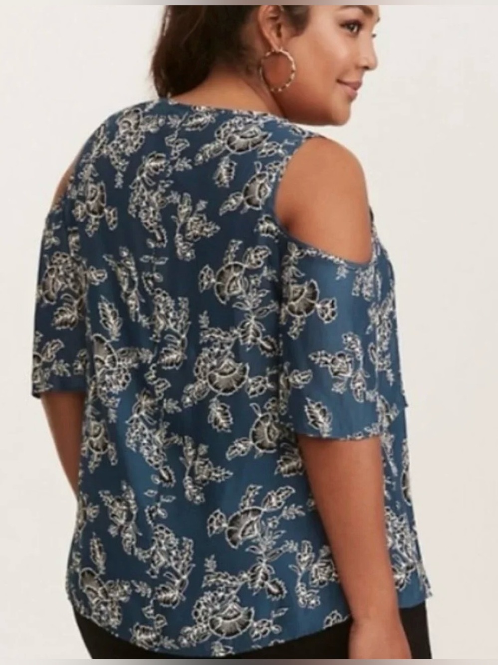Torrid Cold-Shoulder Floral Blouse in Teal Blue